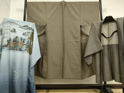 平和屋本店■極上　男性　お召　アンサンブル　長羽織・長襦袢(袷)セット　着物:棒茶色　羽織:江戸鼠色　逸品　DZAB2747kh6