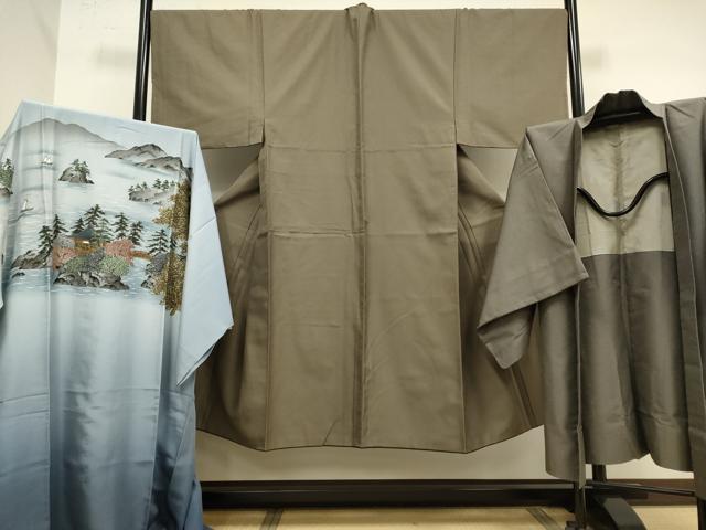 平和屋本店■極上　男性　お召　アンサンブル　長羽織・長襦袢(袷)セット　着物:棒茶色　羽織:江戸鼠色　逸品　DZAB2747kh6
