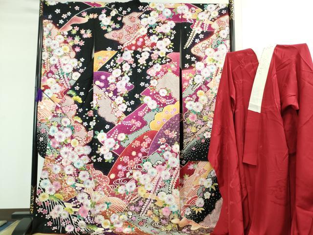平和屋本店●極上　振袖・長襦袢(無双仕立て・半衿刺繍)セット　辻が花　暈し染め　黒地　金彩　銀通し地　逸品　DZAB2757kh6