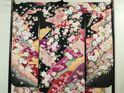 平和屋本店●極上　振袖・長襦袢(無双仕立て・半衿刺繍)セット　辻が花　暈し染め　黒地　金彩　銀通し地　逸品　DZAB2757kh6