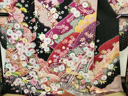 平和屋本店●極上　振袖・長襦袢(無双仕立て・半衿刺繍)セット　辻が花　暈し染め　黒地　金彩　銀通し地　逸品　DZAB2757kh6