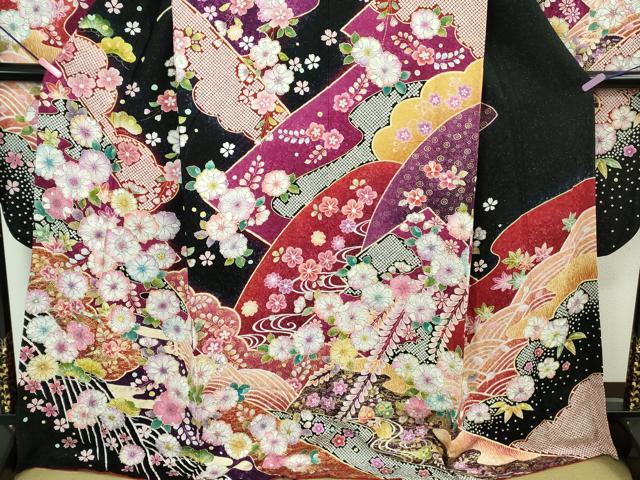 平和屋本店●極上　振袖・長襦袢(無双仕立て・半衿刺繍)セット　辻が花　暈し染め　黒地　金彩　銀通し地　逸品　DZAB2757kh6