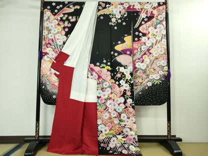 平和屋本店●極上　振袖・長襦袢(無双仕立て・半衿刺繍)セット　辻が花　暈し染め　黒地　金彩　銀通し地　逸品　DZAB2757kh6