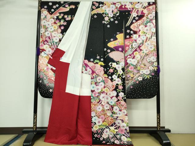 平和屋本店●極上　振袖・長襦袢(無双仕立て・半衿刺繍)セット　辻が花　暈し染め　黒地　金彩　銀通し地　逸品　DZAB2757kh6