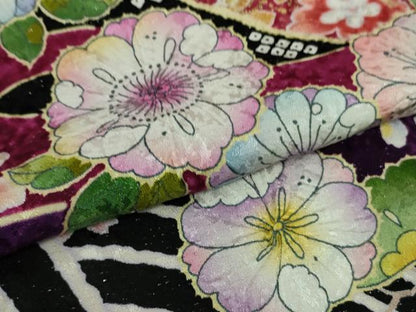 平和屋本店●極上　振袖・長襦袢(無双仕立て・半衿刺繍)セット　辻が花　暈し染め　黒地　金彩　銀通し地　逸品　DZAB2757kh6