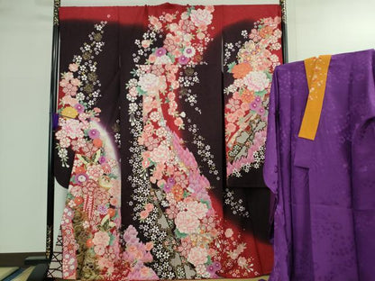 平和屋本店●極上　振袖・長襦袢(袷・半衿刺繍)セット 駒刺繍 舞蝶花毬文 暈し染め 金彩 銀通し地　関芳謹製　反端付き　逸品　DZAB2759kh6