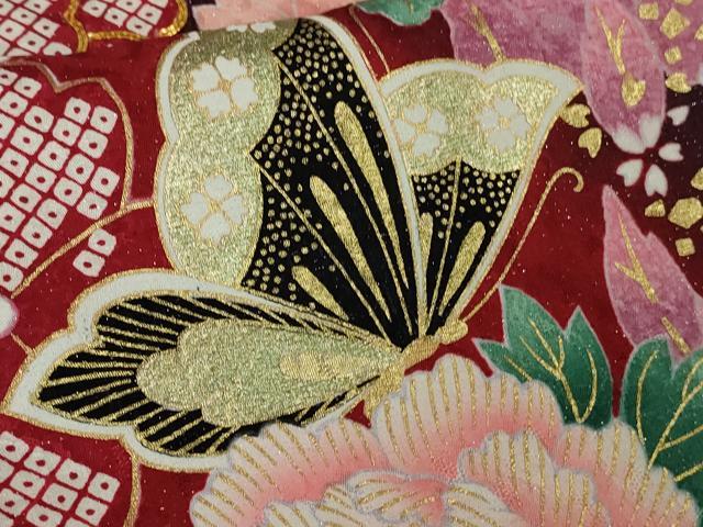 平和屋本店●極上　振袖・長襦袢(袷・半衿刺繍)セット 駒刺繍 舞蝶花毬文 暈し染め 金彩 銀通し地　関芳謹製　反端付き　逸品　DZAB2759kh6