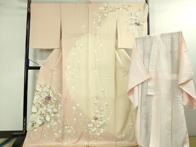 平和屋本店●極上　訪問着・長襦袢(無双仕立て)セット　刺繍　枝垂れ桜花文　暈し染め　金彩　ロング丈　逸品　DZAB2762kh6 平和屋本店○極上 訪問着・長襦袢(無双仕立て)セット 刺繍 枝垂れ桜花文 暈