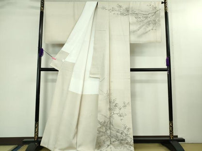 平和屋本店●極上　手描友禅女流作家　一色生子　訪問着・袋帯セット　紬地　花織　枝桜　灰白色地　逸品　DZAB2766kh6