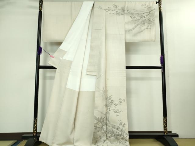 平和屋本店●極上　手描友禅女流作家　一色生子　訪問着・袋帯セット　紬地　花織　枝桜　灰白色地　逸品　DZAB2766kh6