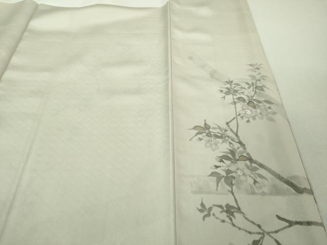 平和屋本店●極上　手描友禅女流作家　一色生子　訪問着・袋帯セット　紬地　花織　枝桜　灰白色地　逸品　DZAB2766kh6