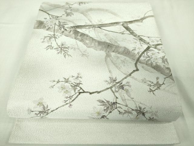 平和屋本店●極上　手描友禅女流作家　一色生子　訪問着・袋帯セット　紬地　花織　枝桜　灰白色地　逸品　DZAB2766kh6