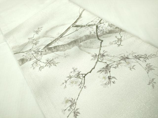平和屋本店●極上　手描友禅女流作家　一色生子　訪問着・袋帯セット　紬地　花織　枝桜　灰白色地　逸品　DZAB2766kh6