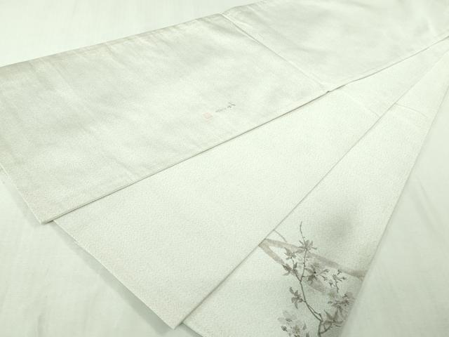 平和屋本店●極上　手描友禅女流作家　一色生子　訪問着・袋帯セット　紬地　花織　枝桜　灰白色地　逸品　DZAB2766kh6