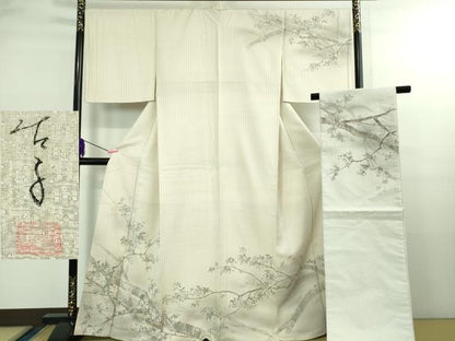 平和屋本店●極上　手描友禅女流作家　一色生子　訪問着・袋帯セット　紬地　花織　枝桜　灰白色地　逸品　DZAB2766kh6