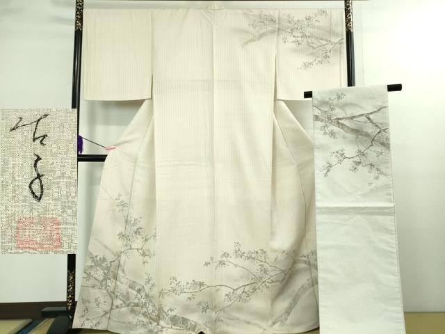 平和屋本店●極上　手描友禅女流作家　一色生子　訪問着・袋帯セット　紬地　花織　枝桜　灰白色地　逸品　DZAB2766kh6