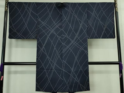 平和屋着物＃極上　長羽織　斜線文　濃い紺地　反端付き　逸品　DZAB2771kh6