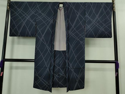 平和屋着物＃極上　長羽織　斜線文　濃い紺地　反端付き　逸品　DZAB2771kh6