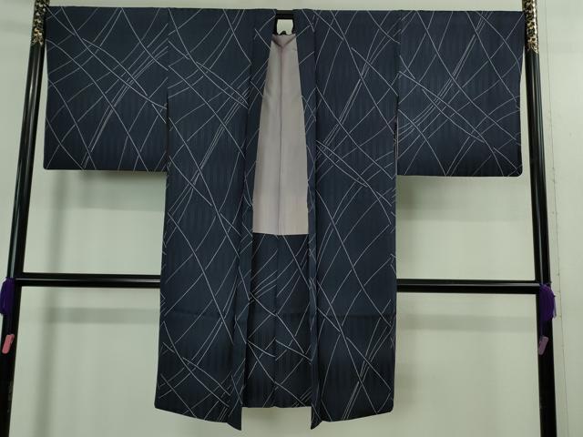 平和屋着物＃極上　長羽織　斜線文　濃い紺地　反端付き　逸品　DZAB2771kh6