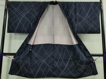 平和屋着物＃極上　長羽織　斜線文　濃い紺地　反端付き　逸品　DZAB2771kh6