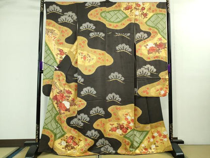 平和屋本店●極上　振袖　駒刺繍　絞り　霞吉祥花松文　蝉色地　金彩　逸品　DZAB2776kh6