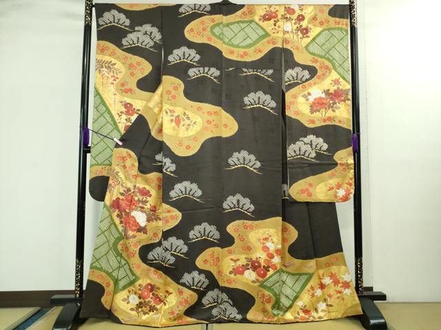 平和屋本店●極上　振袖　駒刺繍　絞り　霞吉祥花松文　蝉色地　金彩　逸品　DZAB2776kh6