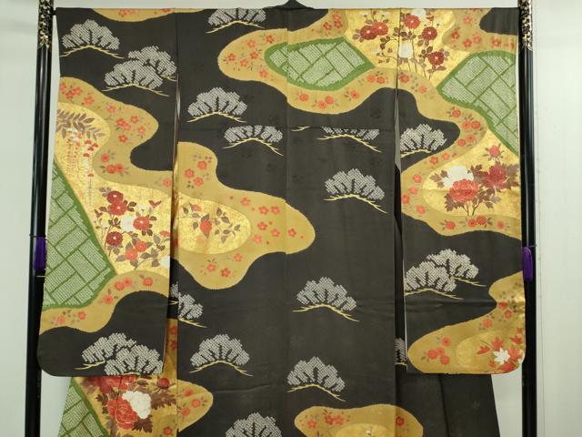 平和屋本店●極上　振袖　駒刺繍　絞り　霞吉祥花松文　蝉色地　金彩　逸品　DZAB2776kh6