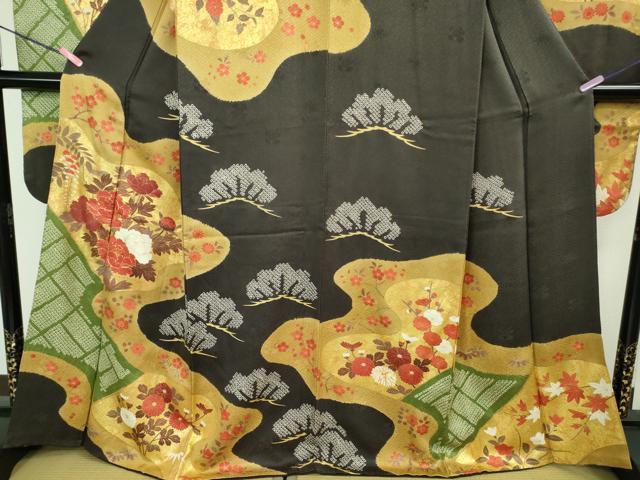 平和屋本店●極上　振袖　駒刺繍　絞り　霞吉祥花松文　蝉色地　金彩　逸品　DZAB2776kh6