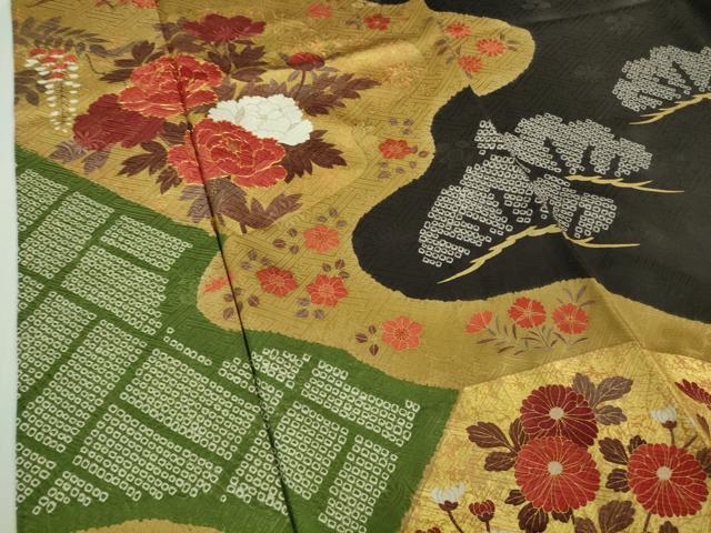 平和屋本店●極上　振袖　駒刺繍　絞り　霞吉祥花松文　蝉色地　金彩　逸品　DZAB2776kh6