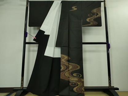 平和屋着物●極上　本場縞大島紬　訪問着　印傳　名物裂　流水文　黒地　寿紬謹製　証紙付き　逸品　DZAB2780kh6