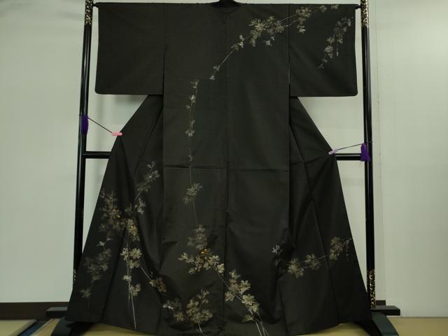平和屋着物●極上　本場染大島紬　訪問着　手描き　枝花文　黒地　逸品　DZAB2786kh6