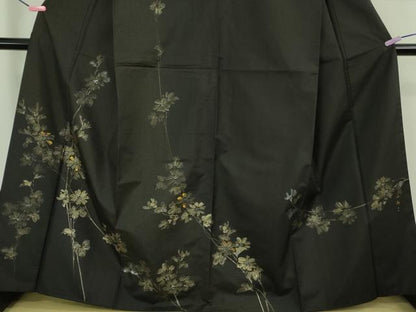 平和屋着物●極上　本場染大島紬　訪問着　手描き　枝花文　黒地　逸品　DZAB2786kh6