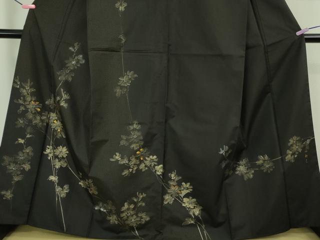 平和屋着物●極上　本場染大島紬　訪問着　手描き　枝花文　黒地　逸品　DZAB2786kh6