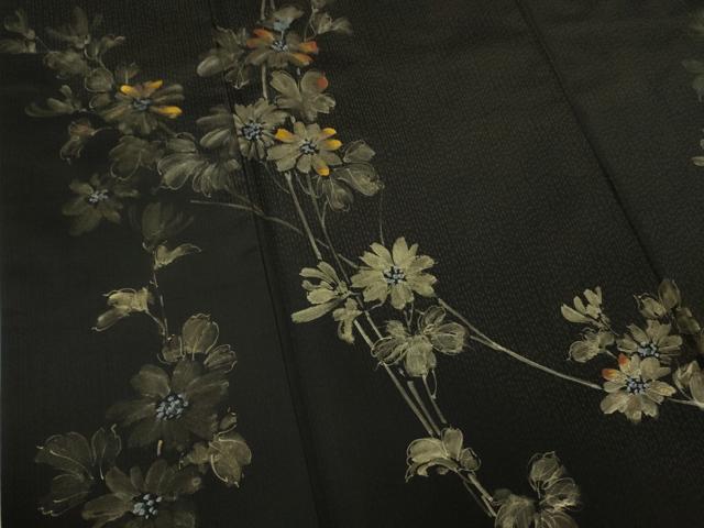 平和屋着物●極上　本場染大島紬　訪問着　手描き　枝花文　黒地　逸品　DZAB2786kh6