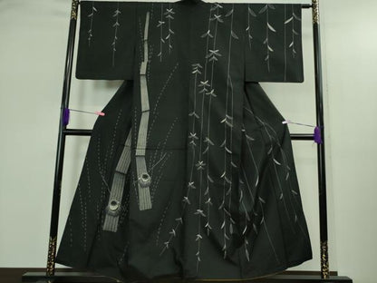 平和屋着物●極上　訪問着　紬　刺し子　総刺繍　人物　蓑笠　枝垂れ柳　黒地　逸品　DZAB2792kh6