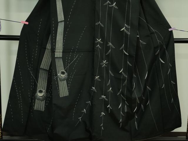 平和屋着物●極上　訪問着　紬　刺し子　総刺繍　人物　蓑笠　枝垂れ柳　黒地　逸品　DZAB2792kh6