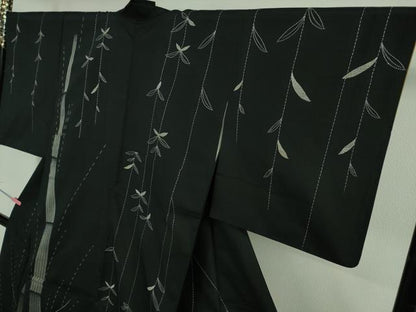 平和屋着物●極上　訪問着　紬　刺し子　総刺繍　人物　蓑笠　枝垂れ柳　黒地　逸品　DZAB2792kh6