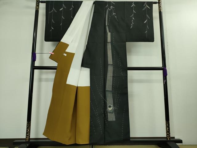 平和屋着物●極上　訪問着　紬　刺し子　総刺繍　人物　蓑笠　枝垂れ柳　黒地　逸品　DZAB2792kh6