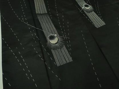 平和屋着物●極上　訪問着　紬　刺し子　総刺繍　人物　蓑笠　枝垂れ柳　黒地　逸品　DZAB2792kh6