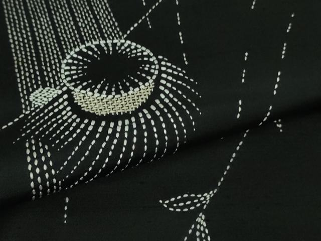平和屋着物●極上　訪問着　紬　刺し子　総刺繍　人物　蓑笠　枝垂れ柳　黒地　逸品　DZAB2792kh6