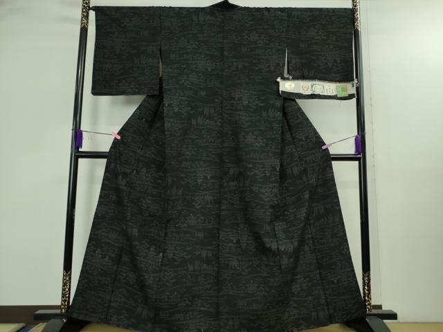 平和屋着物▽極上 結城紬 単衣 80亀甲 風景文 黒地 証紙付き 逸品 未使用 DZAB2798kh6