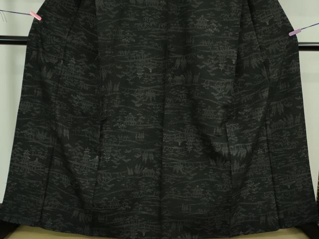 平和屋着物▽極上 結城紬 単衣 80亀甲 風景文 黒地 証紙付き 逸品 未使用 DZAB2798kh6