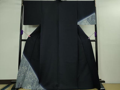 平和屋着物▽極上 タッサーゴールドシルク 訪問着 紬 単衣 京友禅 藍 切嵌花文 濃藍色 暈し染め 証紙付き 逸品 未使用 DZAB2803kh6