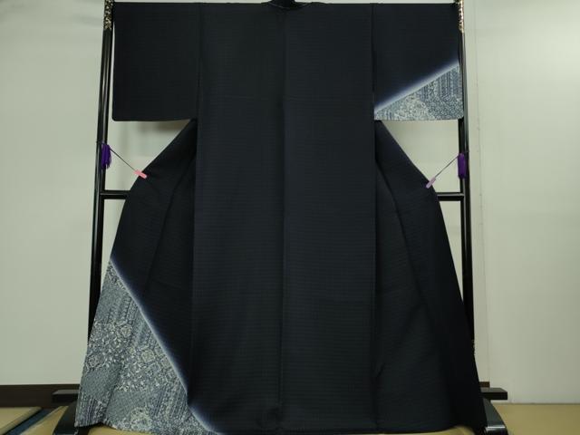 平和屋着物▽極上 タッサーゴールドシルク 訪問着 紬 単衣 京友禅 藍 切嵌花文 濃藍色 暈し染め 証紙付き 逸品 未使用 DZAB2803kh6