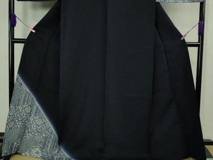 平和屋着物▽極上 タッサーゴールドシルク 訪問着 紬 単衣 京友禅 藍 切嵌花文 濃藍色 暈し染め 証紙付き 逸品 未使用 DZAB2803kh6