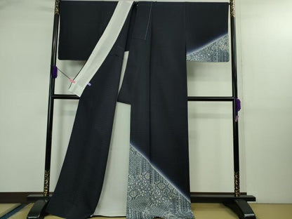 平和屋着物▽極上 タッサーゴールドシルク 訪問着 紬 単衣 京友禅 藍 切嵌花文 濃藍色 暈し染め 証紙付き 逸品 未使用 DZAB2803kh6