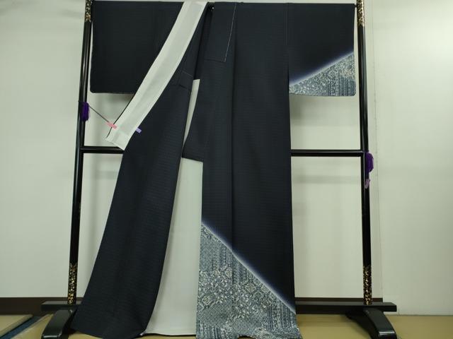平和屋着物▽極上 タッサーゴールドシルク 訪問着 紬 単衣 京友禅 藍 切嵌花文 濃藍色 暈し染め 証紙付き 逸品 未使用 DZAB2803kh6