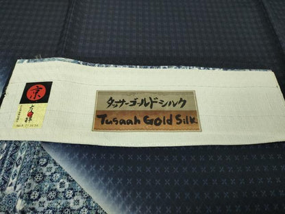 平和屋着物▽極上 タッサーゴールドシルク 訪問着 紬 単衣 京友禅 藍 切嵌花文 濃藍色 暈し染め 証紙付き 逸品 未使用 DZAB2803kh6