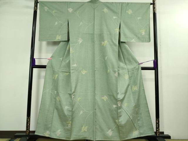 平和屋着物▽極上 紬 単衣 手描き 草花文 柳鼠色地 銀彩 反端付き 逸品 未使用 DZAB2804kh6