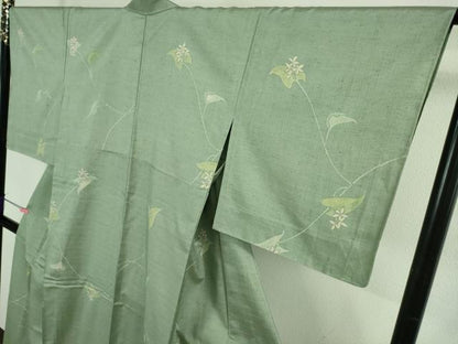平和屋着物▽極上 紬 単衣 手描き 草花文 柳鼠色地 銀彩 反端付き 逸品 未使用 DZAB2804kh6